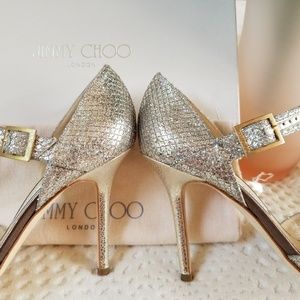Jimmy Choo Lace Champagne Glitter peep toe shoes